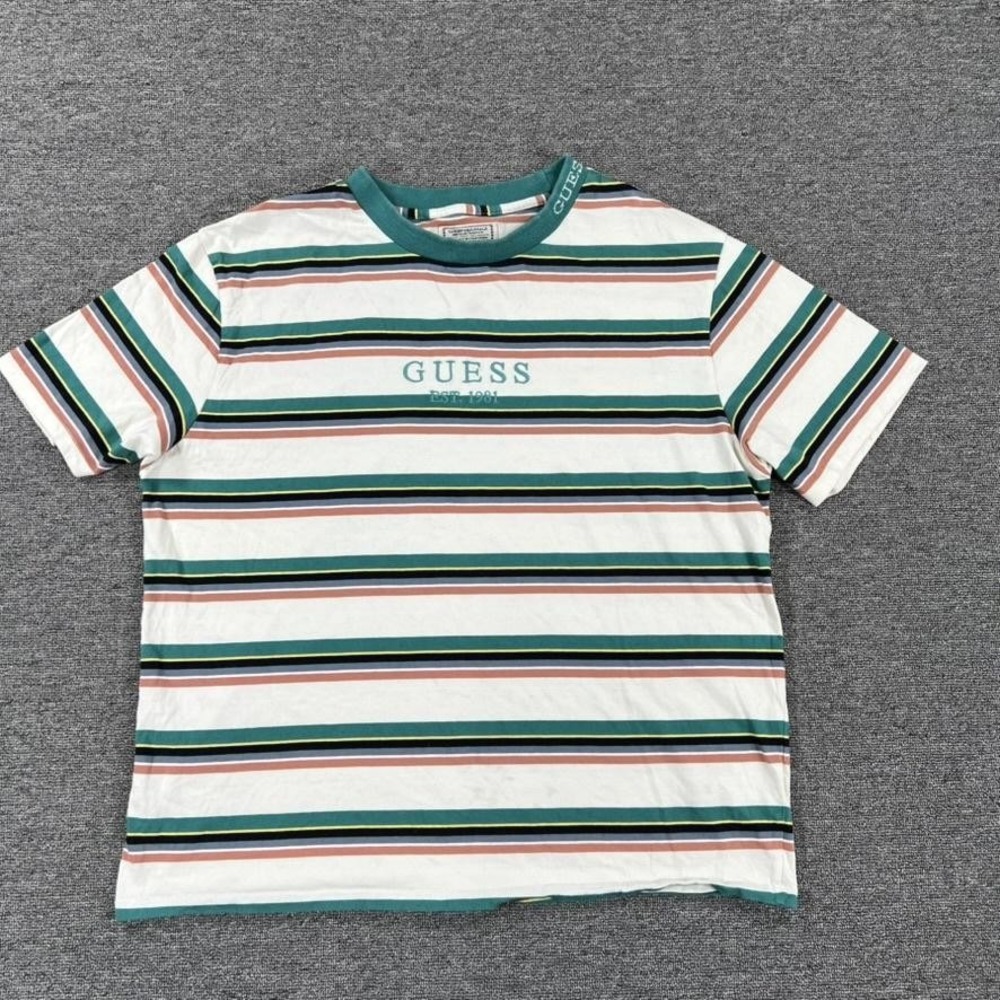 Vintage Guess Originals Shirt Mens Large Green Striped Logo Crewneck Tee‎ 90s
